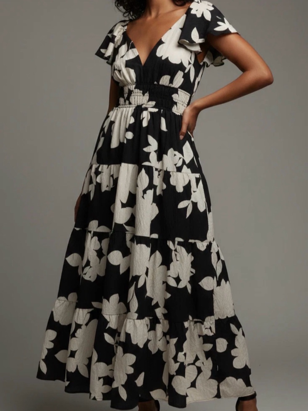Black Floral Maxi Dress with Cream Blooms and Statement Sleeves